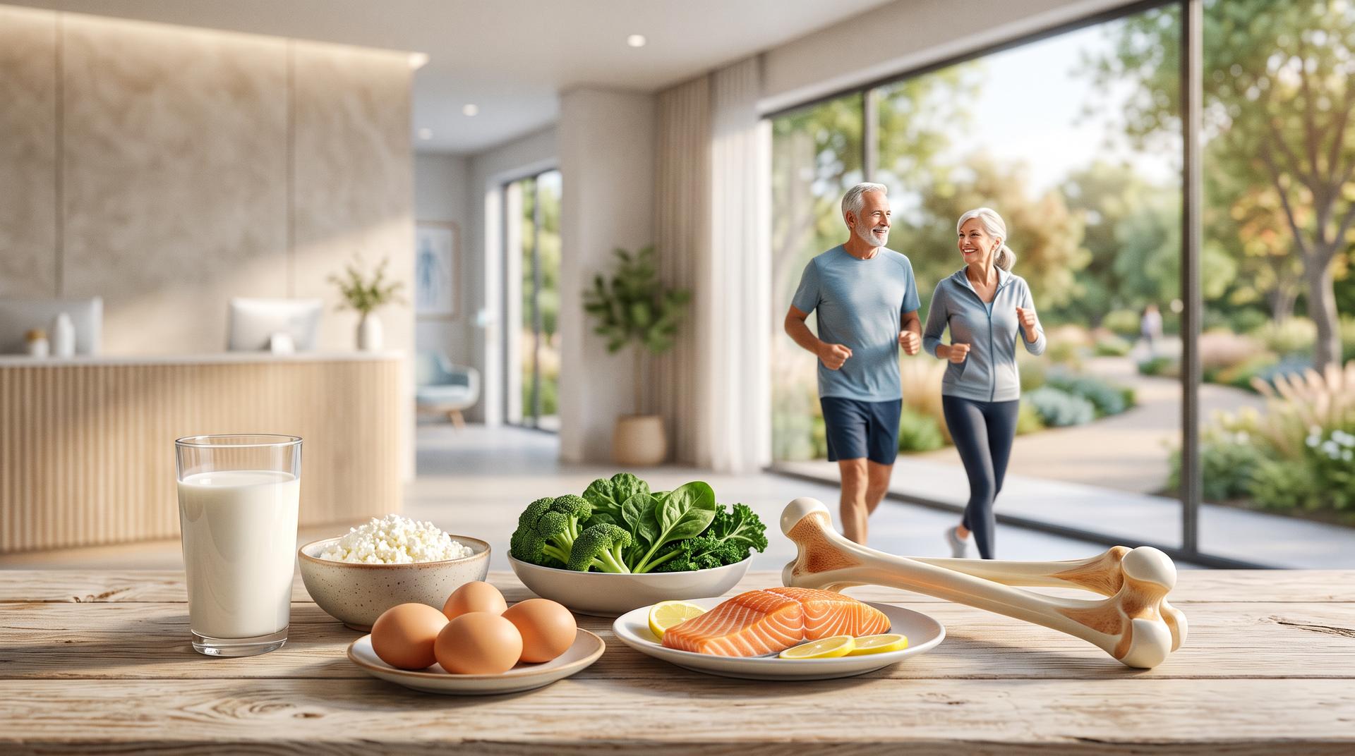 This image features a wooden table in the foreground displaying healthy foods—including milk, eggs, greens, and salmon—alongside a model of a human bone. In the background, an older couple is shown jogging outdoors, suggesting a theme of nutrition for bone health and active aging.